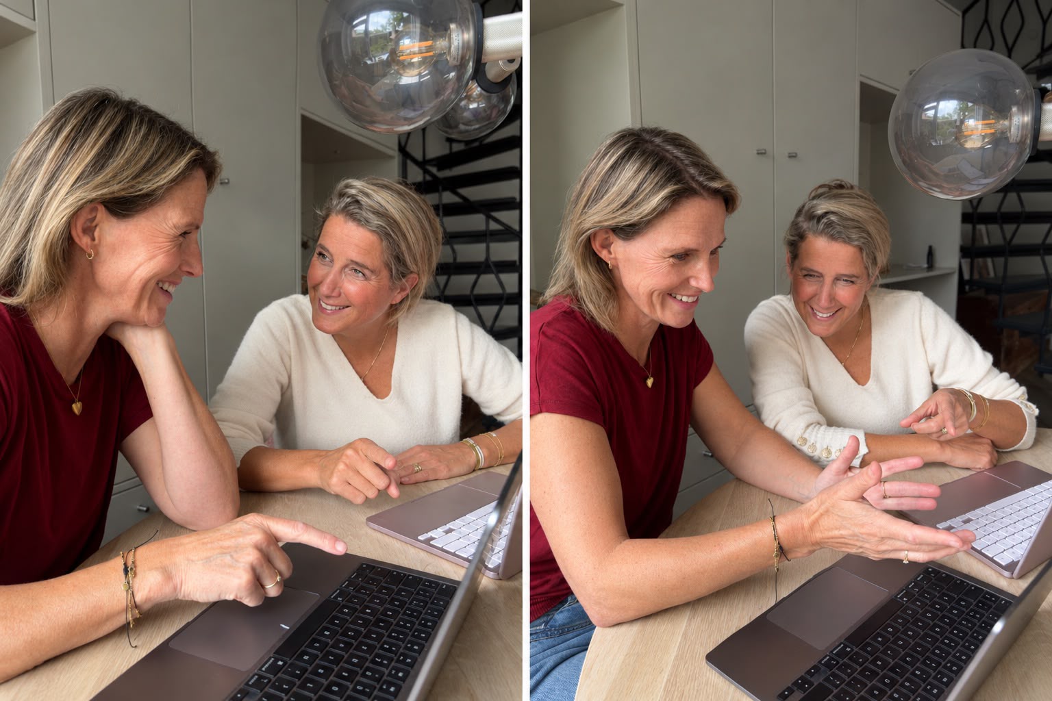 Sanne en Joanneke samen aan het werk, in gesprek aan een tafel met hun laptops